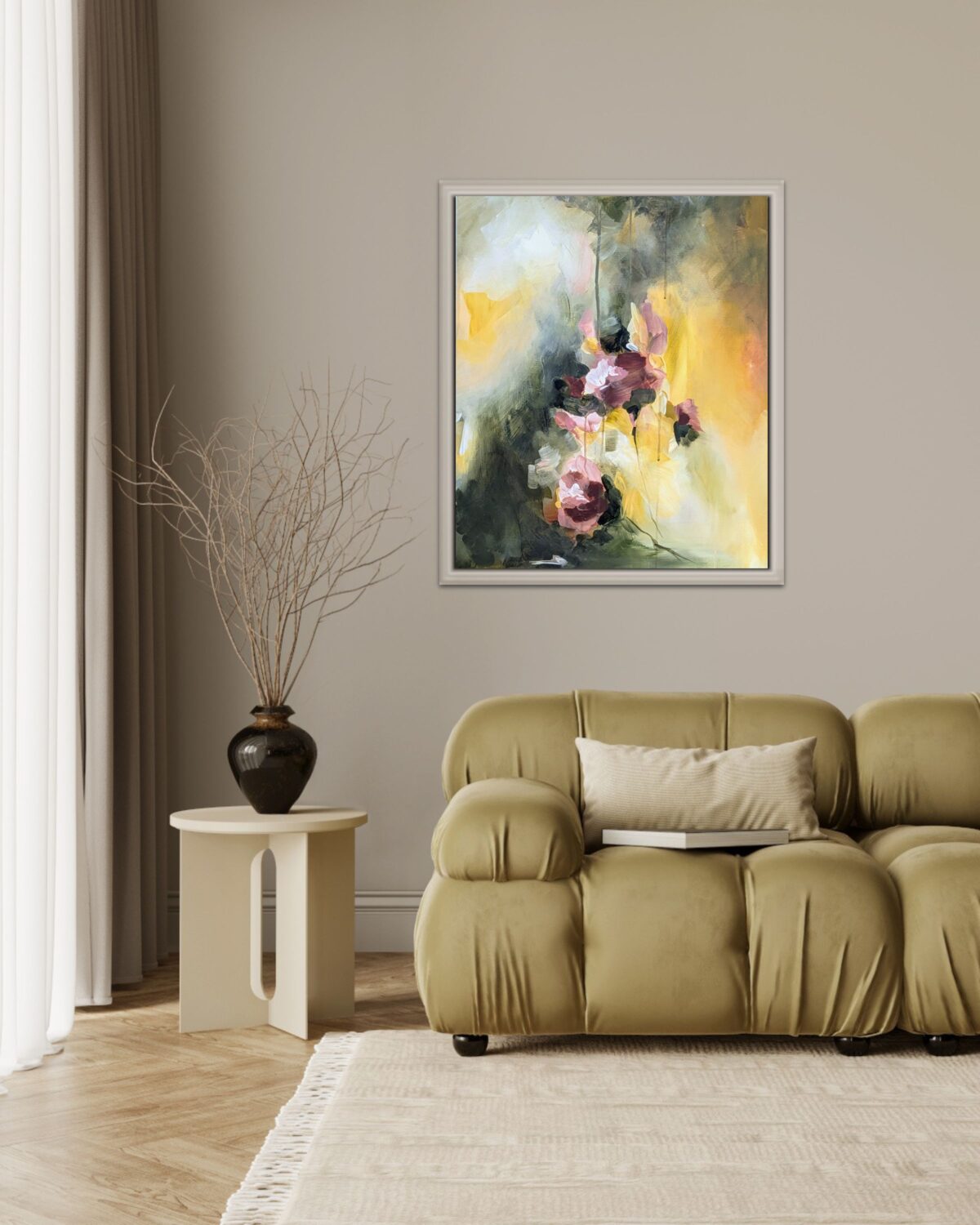 abstract bloemen schilderij aan de wand Roses in light.