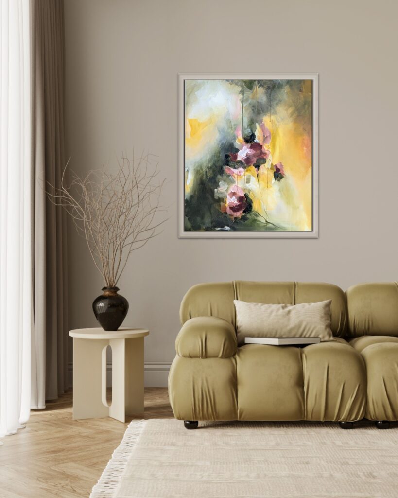 abstract bloemen schilderij aan de wand Roses in light.