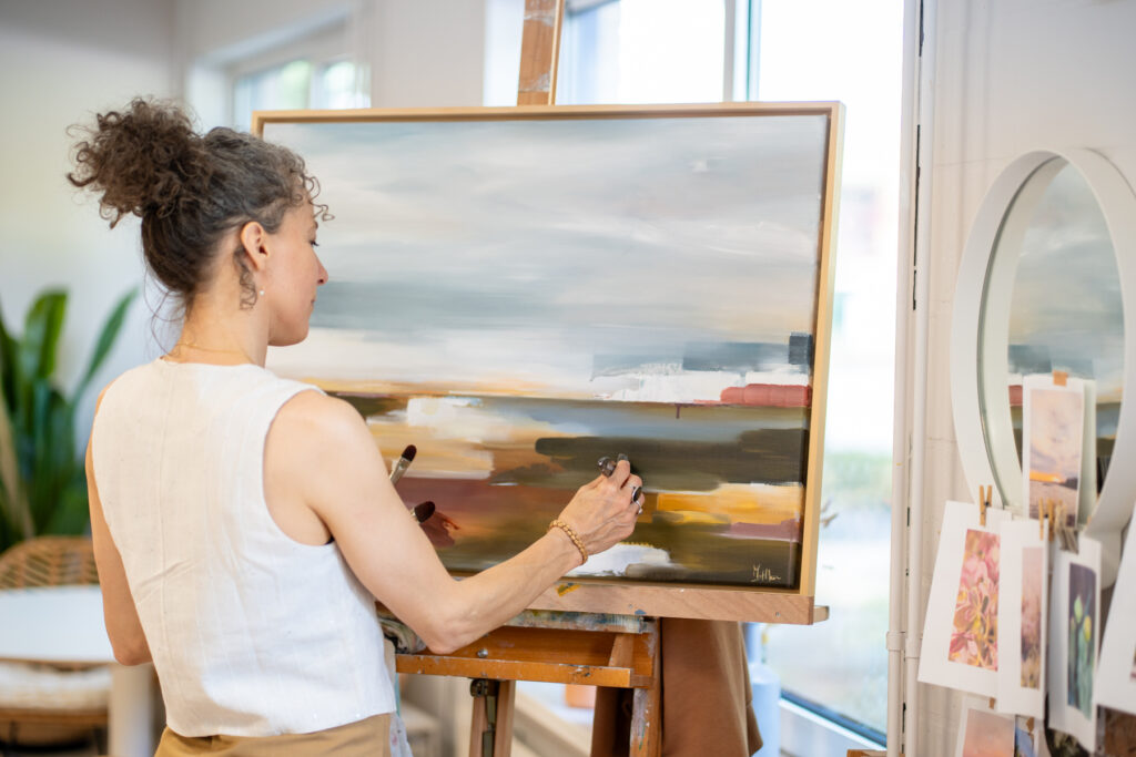 artworkbymadelon kunst abstract landschap van Zeeland in baklijst