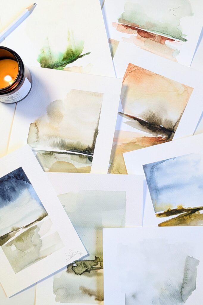 abstracte landschapjes op papier aquarel schilderijtjes