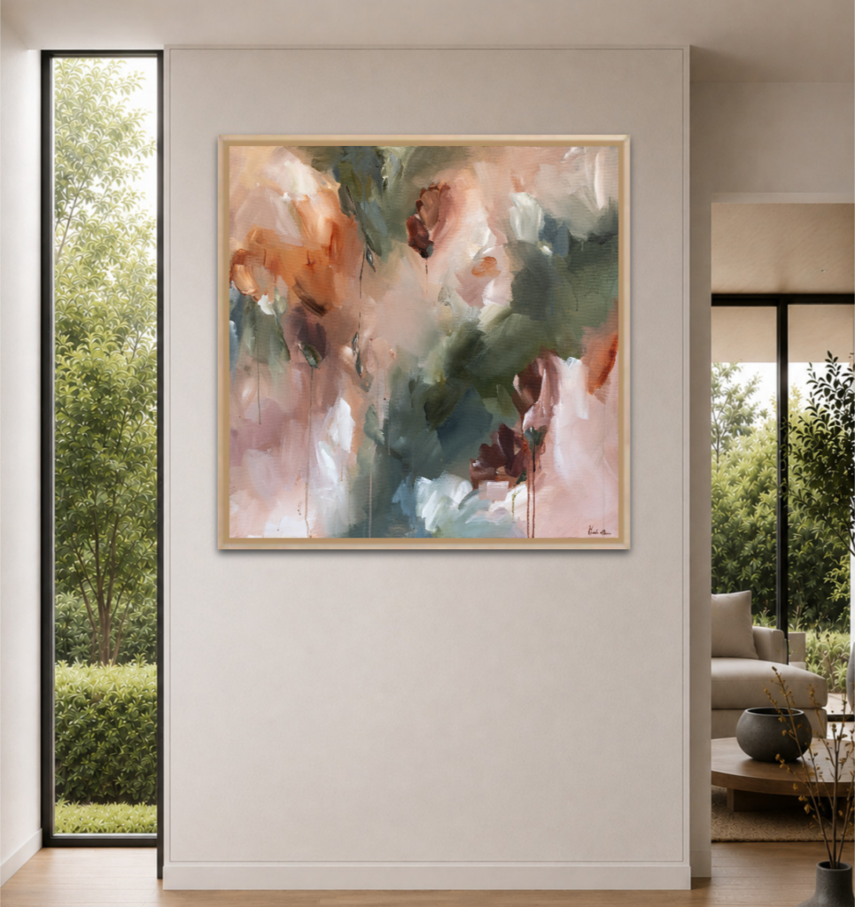 Where light falls softly bloemen abstract schilderij incl. houten baklijst